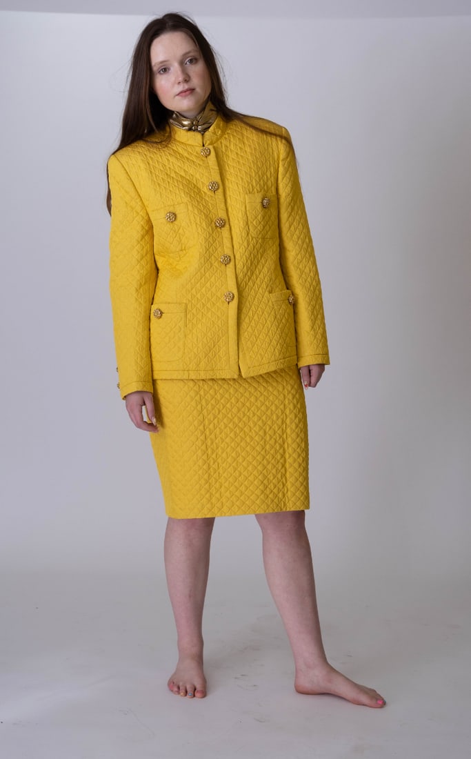 Escada by Margaretha Ley Yellow Quilted Skirt Suit: Escada by Margaretha Ley Yellow Silk Quilted Skirt SuitMade in GermanyEU 42 / US 12 / Skirt : Waist 30" , Length 24", Hem Opening 38" / Jacket : Shoulder to Shoulder 16.5" , Length 24.5" , Bust 36"