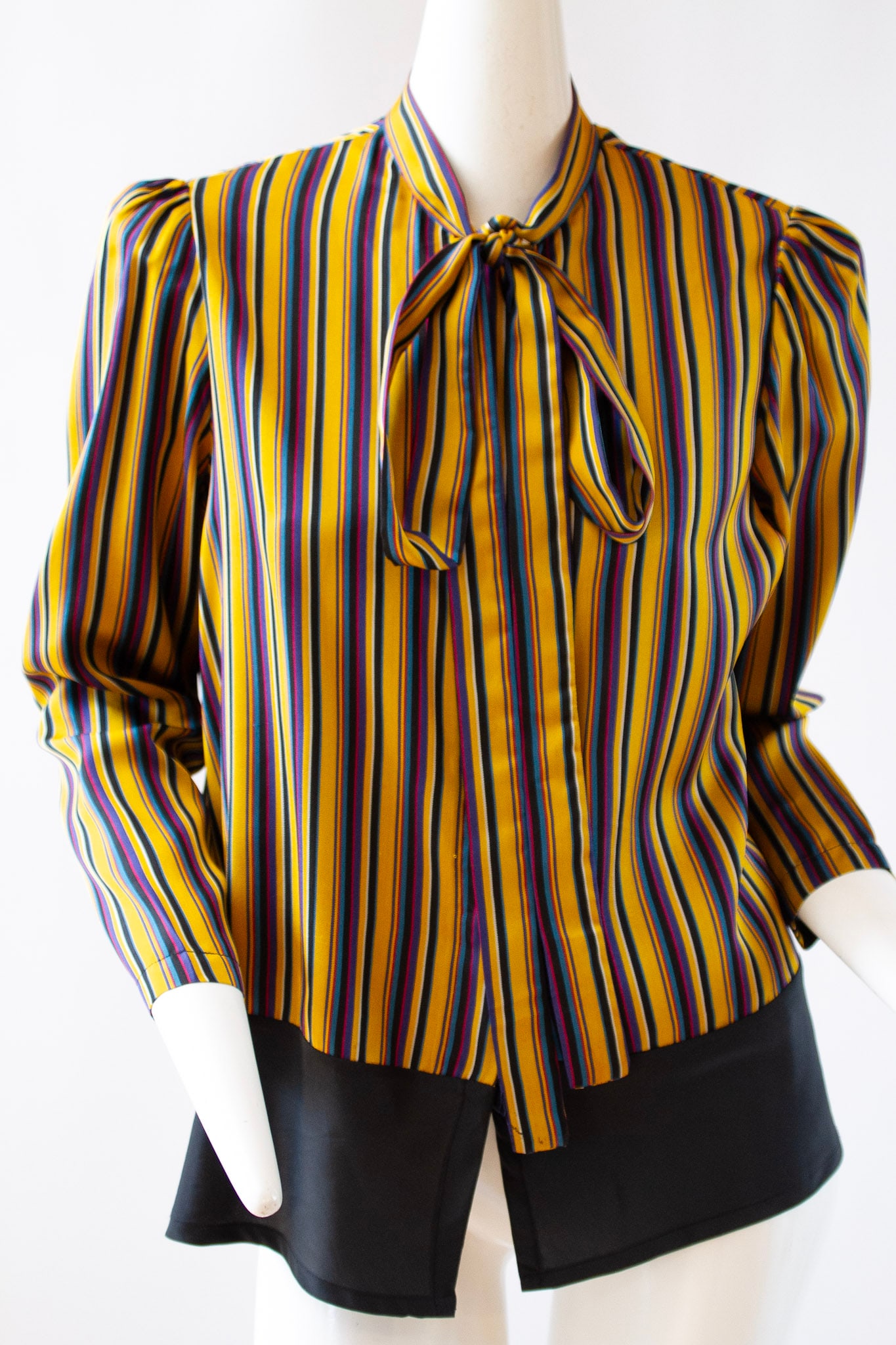 Vintage Silk Striped Pussy Bow Blouse with Black Hem (1 of 6)