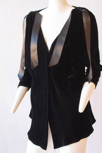 Yves Saint Laurent Rive Gauche Black Velvet Caplet with Ribbons: Yves Saint Laurent Rive Gauche Black Velvet Caplet with RibbonsEU 40 / US 10 / 30" length; 40" chest; 20" sleeve length , 16.5" shoulder to shoulder