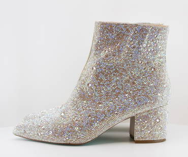 Betsey Johnson Kyla Rhinestone Boots: Betsey Johnson Kyla Rhinestone BootsDisco glam, rhinestone-embellished Kyla Booties from Betsey Johnson. Tiffany blue bottoms.Exposed zip closure. 2.5" heel, 5" shaft height, 10" calf circumference, M