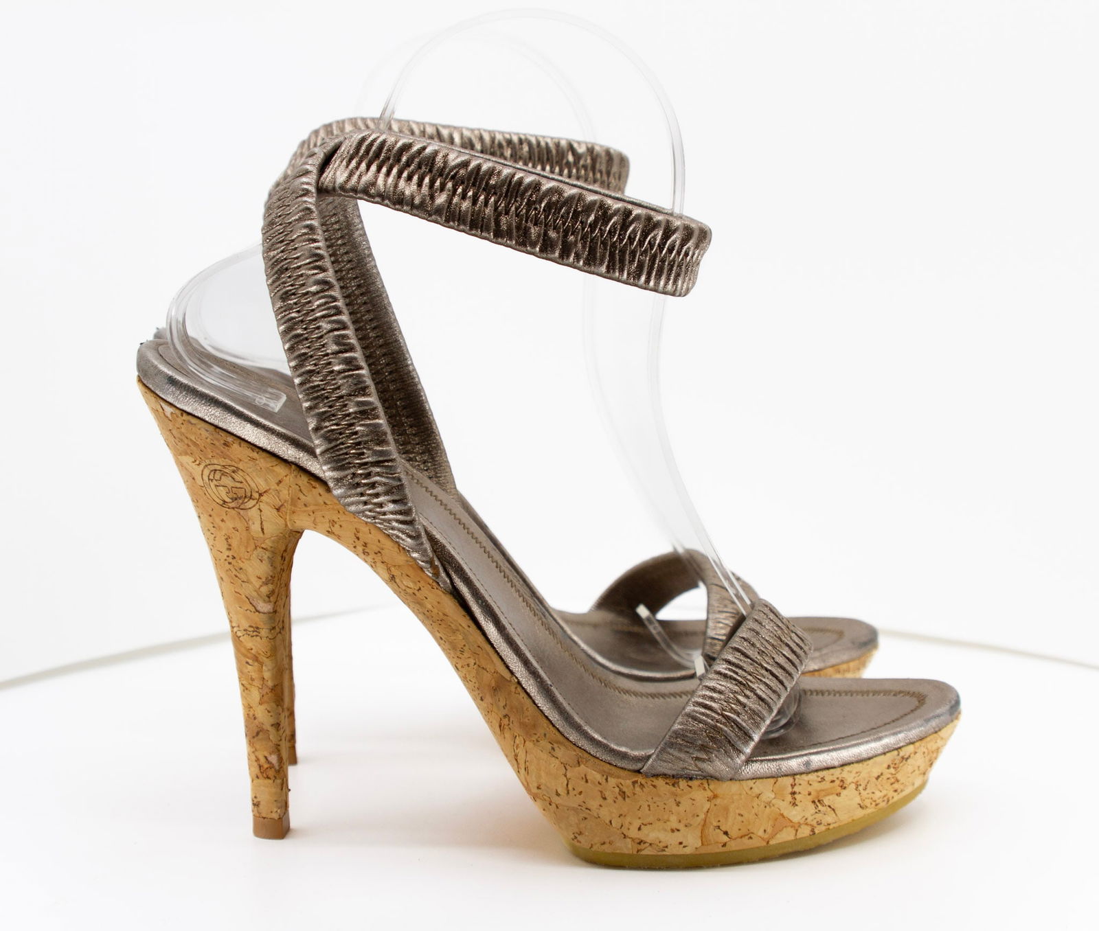 Gucci Cork Heel Bronze Colored Leather Strappy Sandel Heels (1 of 6)