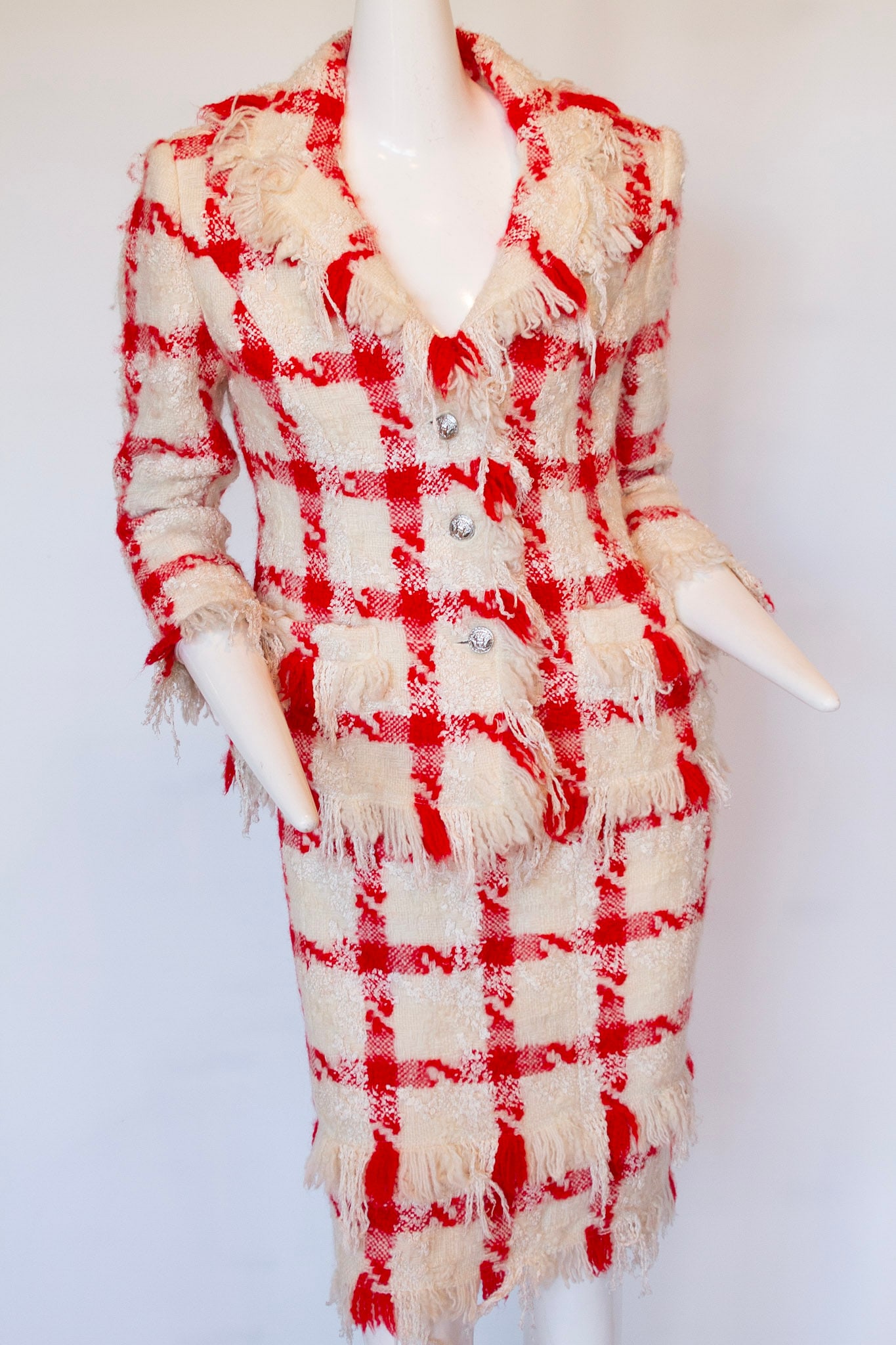 VERSACE by DONATELLA Wool Red and Cream Houndstooth Skirt and Jacket Ensemble, 2004 (1 of 14)