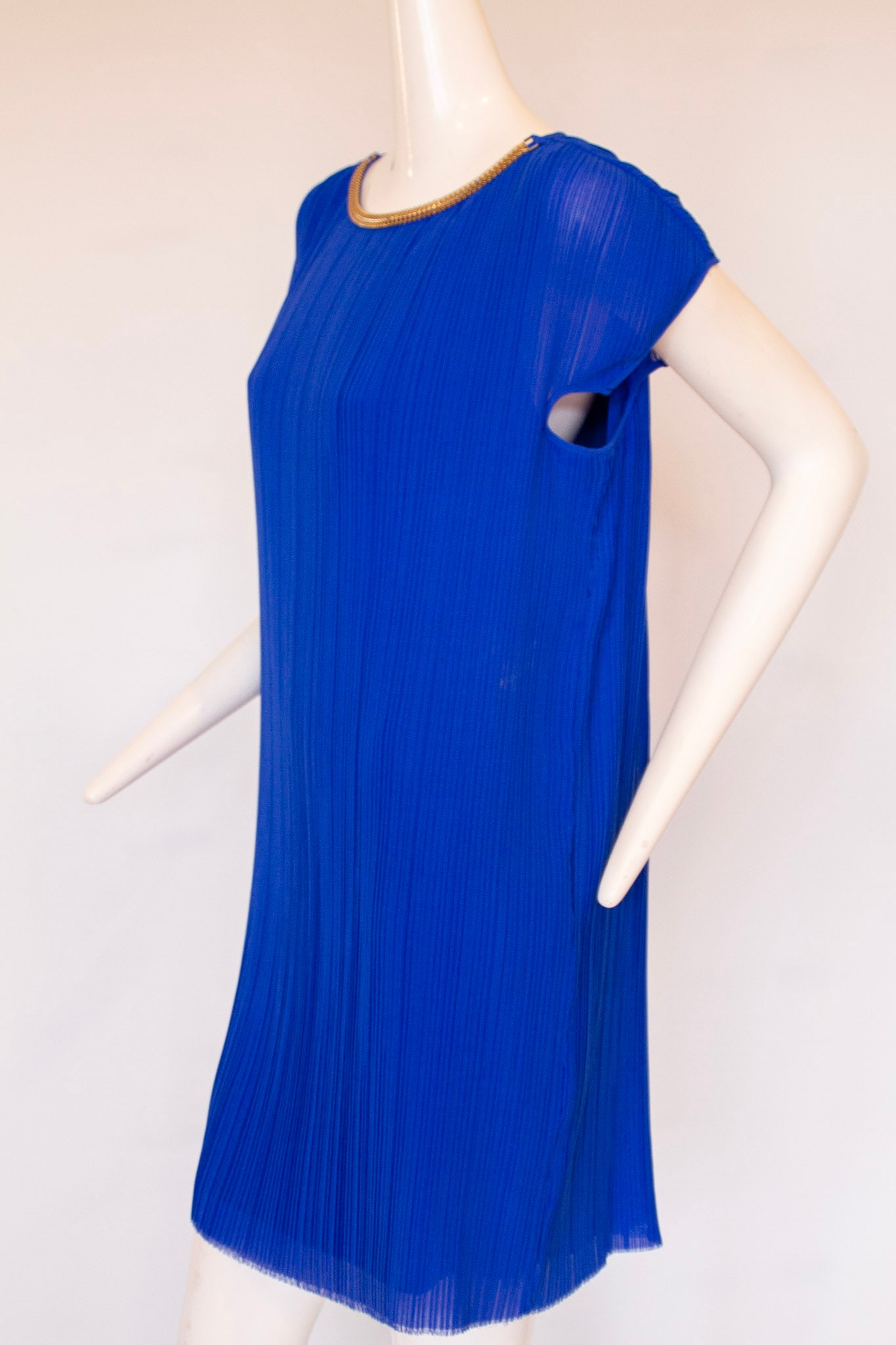GIANNI VERSACE Electric Blue Pleated Dress with Cap Sleeves and Metal Logo Neckline (1 of 11)