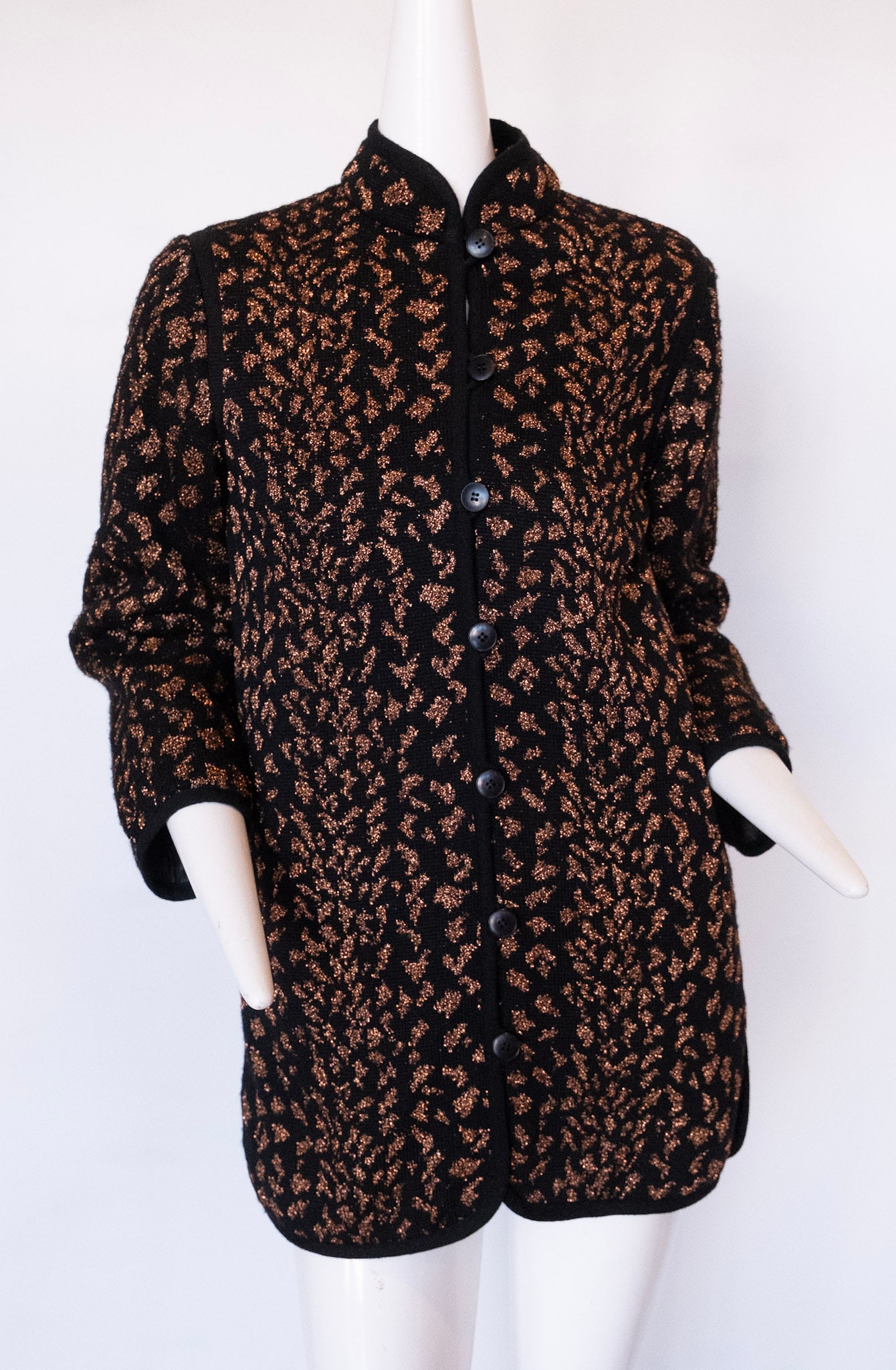 SAINT LAURENT RIVE GAUCHE Metallic Knit Animal Print Cardigan: SAINT LAURENT RIVE GAUCHE Metallic Knit Animal Print CardiganSaint Laurent Rive Gauche Metallic Knit Animal Print, Quilted Lining, Cardigan. Made in France.Oversize, Shoulder to Shoulder 17" ; Bust 38