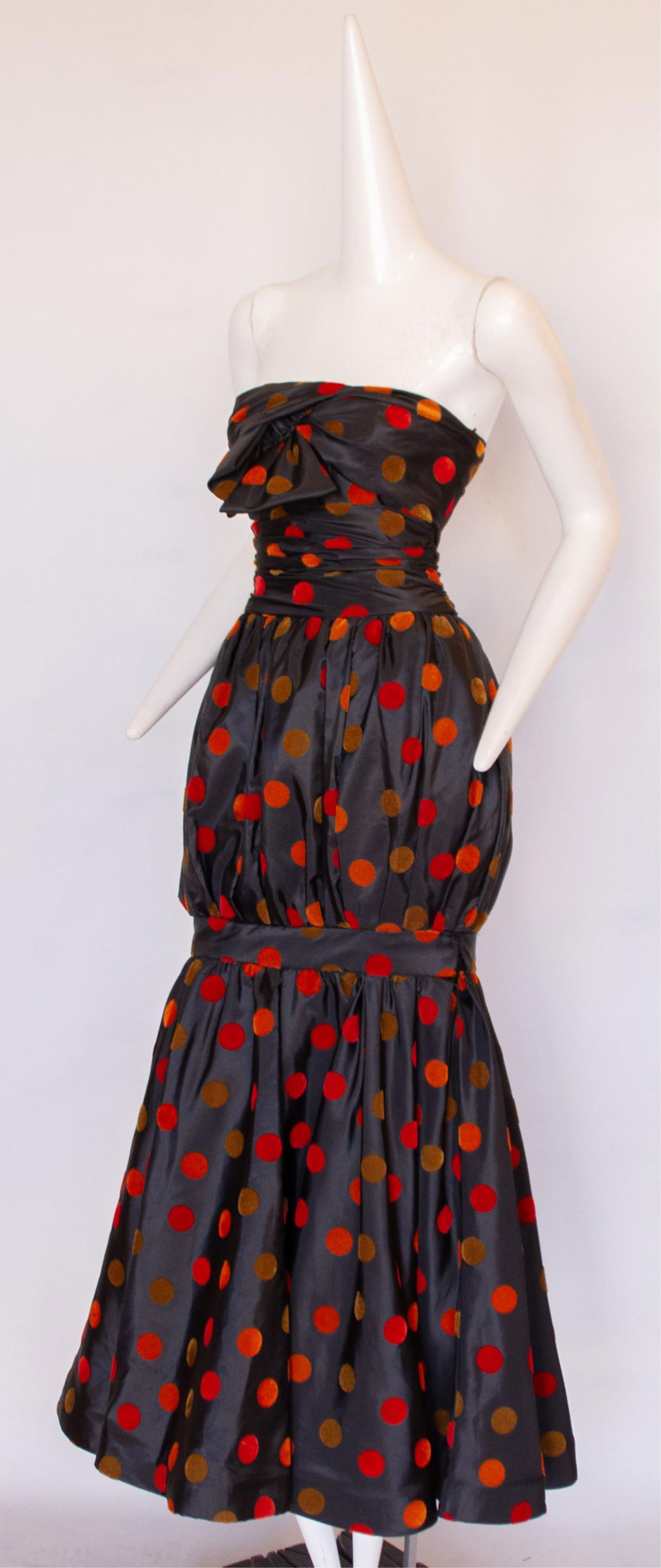 NINA RICCI Designer Vintage Couture Strapless Black Taffeta Velvet Polka Dot Evening Gown Dress,: NINA RICCI Designer Vintage Couture Strapless Black Taffeta Velvet Polka Dot Evening Gown Dress, Circa 1980sNina Ricci, circa 1980's bow front detail strapless taffeta velveteen dots evening dress wit