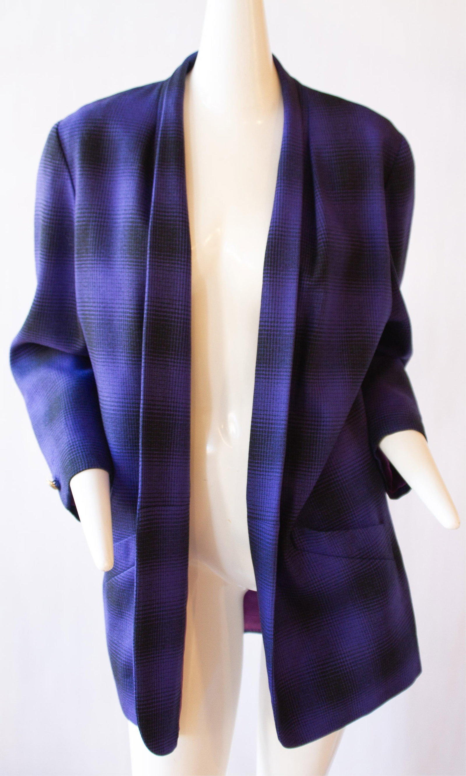 PAUL STANLEY Purple Plaid Blazer: PAUL STANLEY Purple Plaid Blazer Paul Stanley Oversized Draper Style Jacket, No Buttons, Thigh Length. Flattering fit. Shoulder to Shoulder 18" ; Bust 44" ; Length 33" ; Sleeve 23.5&quo