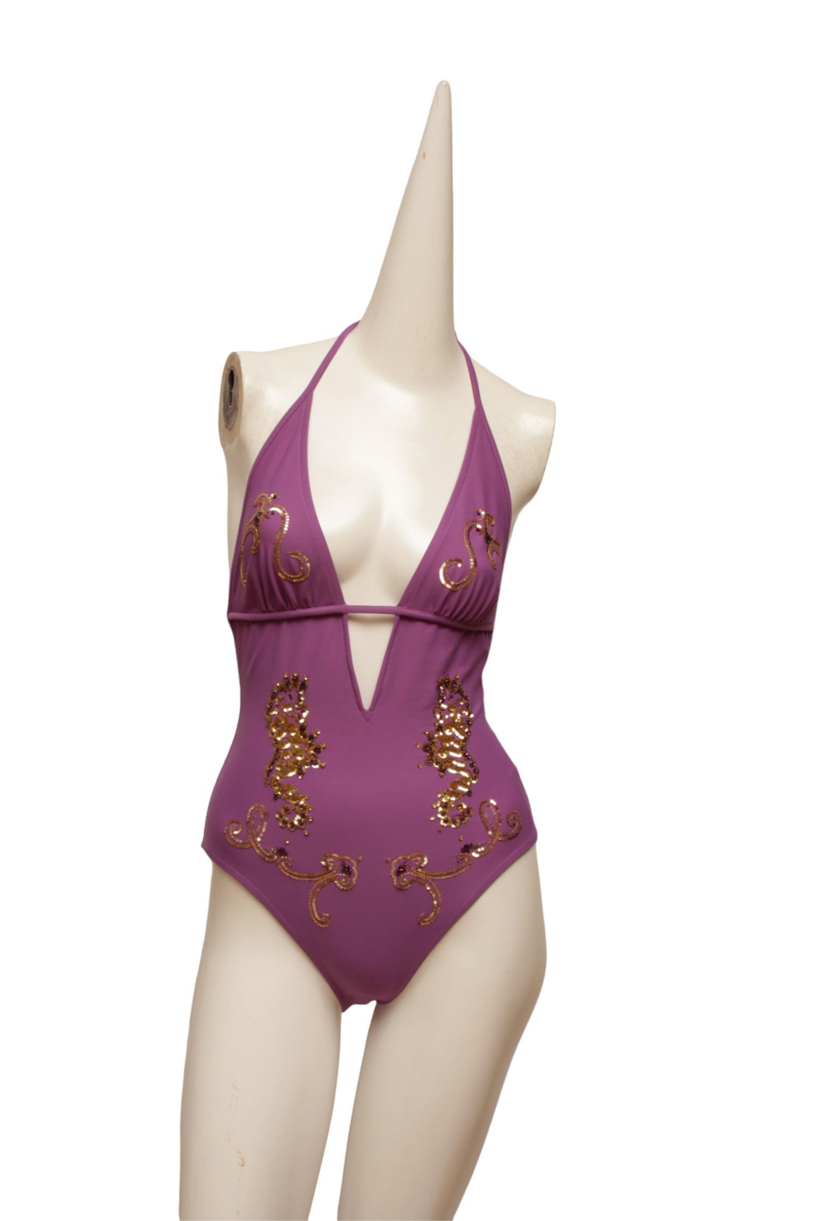 CHRISTIAN DIOR *RARE* Embroidered and Sequin One-Piece Swimsuit: CHRISTIAN DIOR *RARE* Embroidered and Sequin One-Piece Swimsuit This head turning Christian Dior one-piece has a plunging neckline and low back. It is embroidered and embellished with gold sequins and
