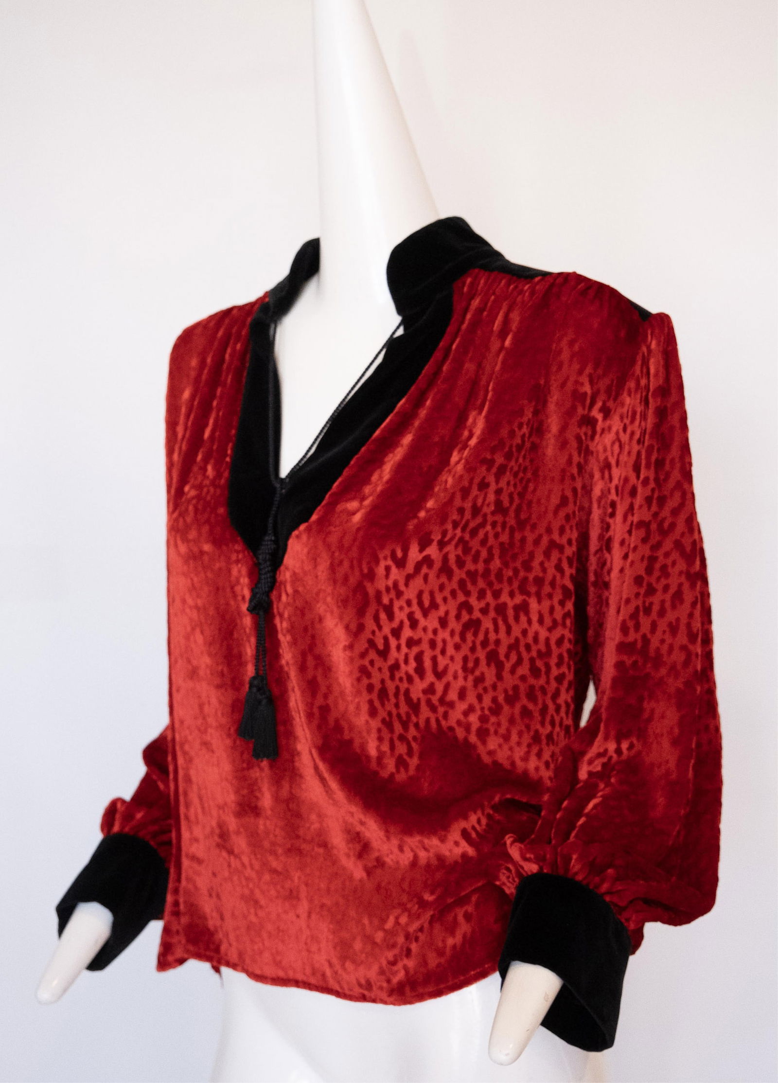 YVES SAINT LAURENT RIVE GAUCHE Designer Vintage Leopard Pattern Red Velvet Top with Tassels and (1 of 7)