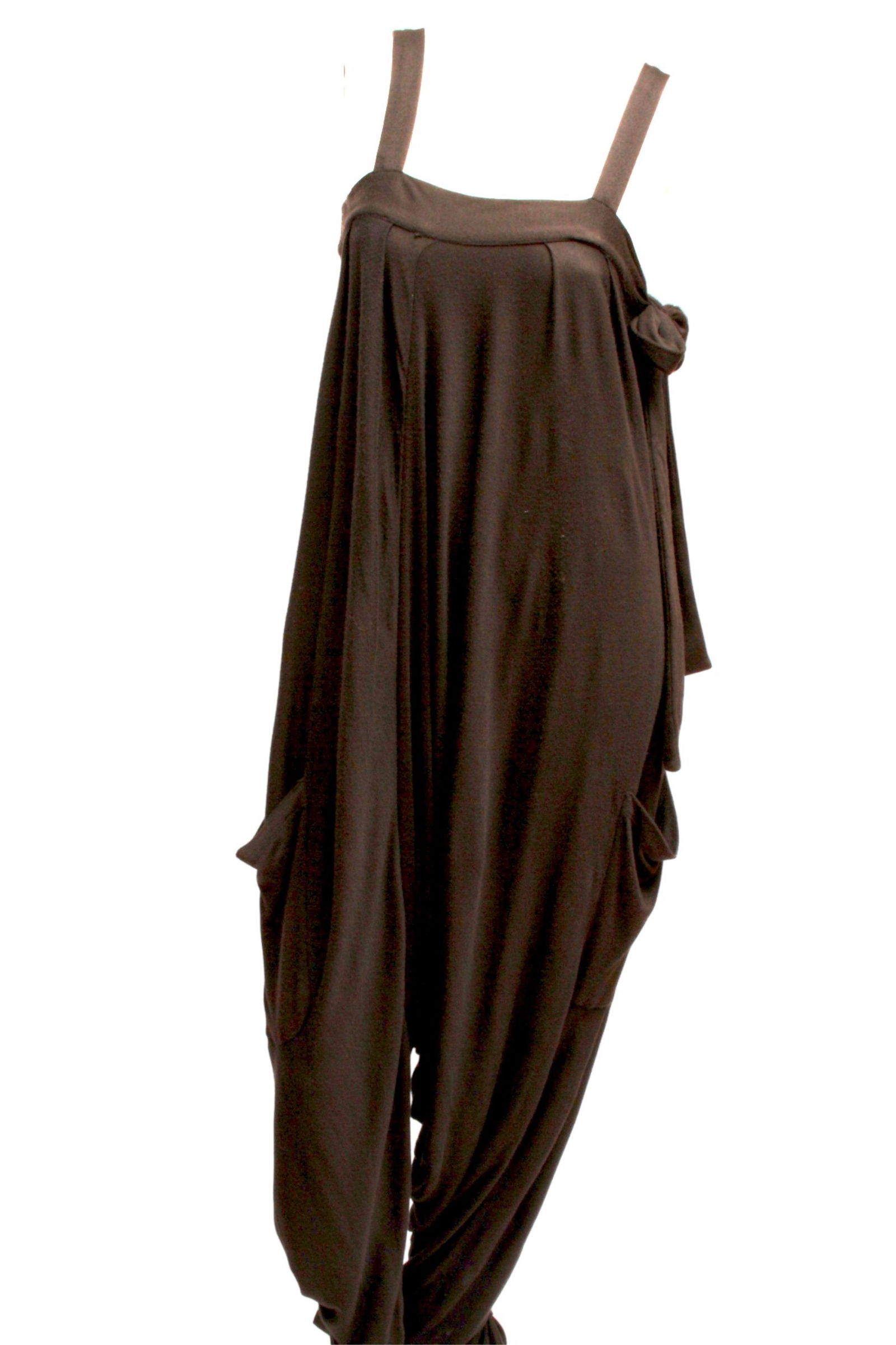 SEE by CHLOE, black drop-crotch jumpsuit with ties at halter and ankles: SEE by CHLOE, black drop-crotch jumpsuit with ties at halter and anklesSee by Chloe, black jumpsuit See by Chloe, black jumpsuit with drop crotch and ties.Size 2 or Size Mediummeasurement:back length: