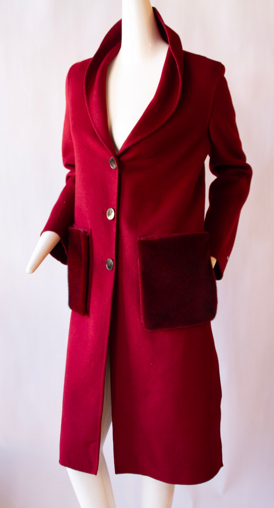 Elie Tahari Maroon Wool Jacket with Faux Fur Pocket Decals: Elle Tahari maroon wool coat with removable faux fur pocketsmeasurements: back length:41" sleeve:25" bottom:22"