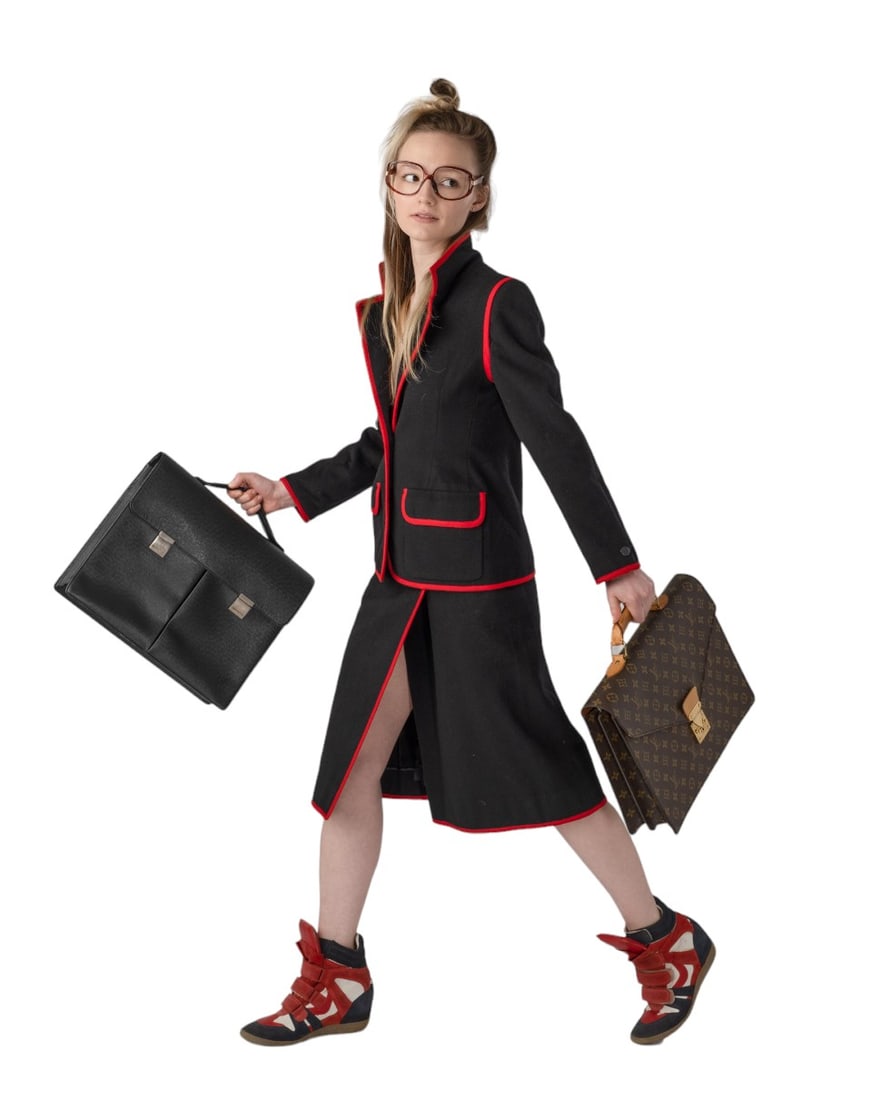 NINA RICCI 1970's Black Skirt and Jacket Ensemble with Red Piping (1 of 14)