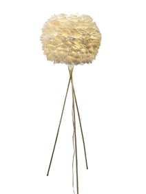 Gold tone tripod lamp with feather poof fixuture