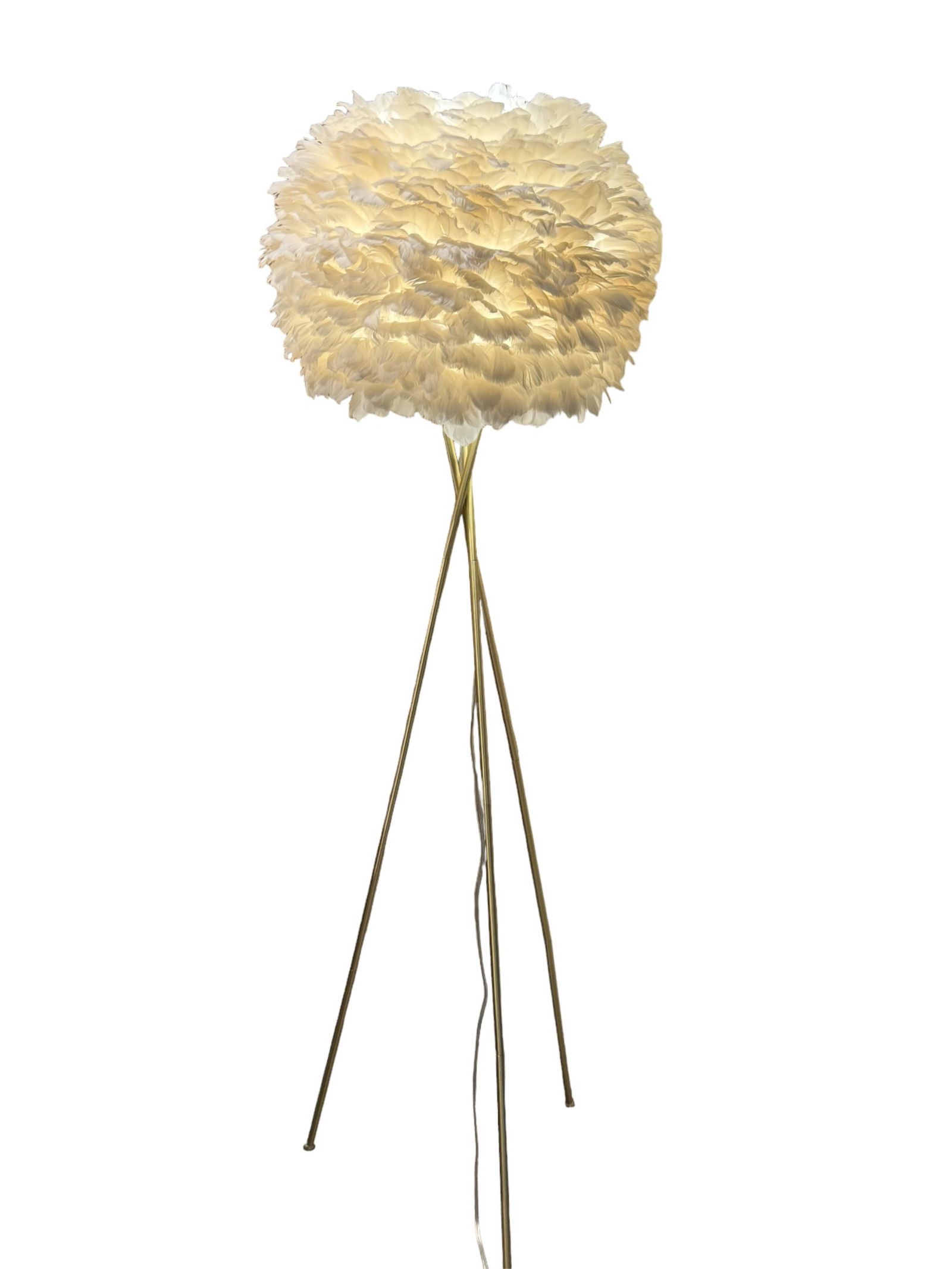 Gold tone tripod lamp with feather poof fixuture
