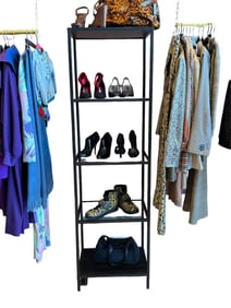 Two (2) Long single column shelf, matte black metal frame with glass shelves (3)