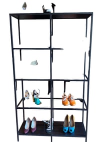 Two (2) Long double column shelf, matte black metal frame and glass shelves