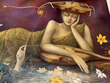 Armando Martinez De La Riva, Mexican surrealist painting of a women and vilin with flowers