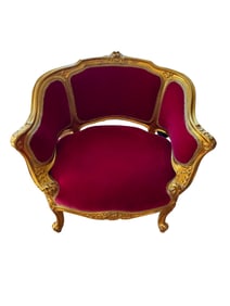 LOUIS XV, red velvet chair with gilded gold ornate wood frame
