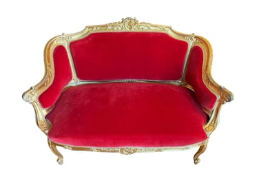 LOUIS XV, red velvet settee with gilded gold wood trim and cabriole style legs