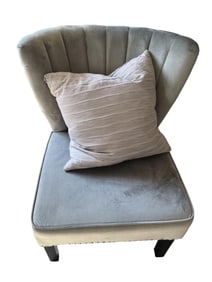 Two grey velvet large back chairs with grey silk down pillows (2 chairs 2 pillows)