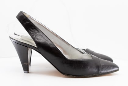JAEGER Black Leather Slingback Classic Vintage Pumps with Modern Style Size 8.5, 3" Heel
