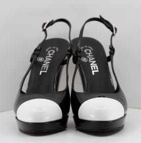 CHANEL designer couture black patent leather with white cap toe slingback heels, 2008 Size 36.5, US