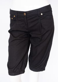 VALENTINO RED, vintage designer knee length shorts with "V" gold tone logo on back pockets