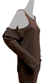 Y's YOHJI YAMAMOTO, true black cotton jumpsuit with long sleeves, cold shoulders, drop crotch,