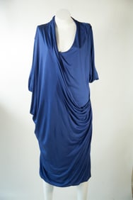 BOTTEGA VENETA Designer 100% Silk Y2K Blue Draped Dress EU 46 / US 16, Shoulder to Shoulder 16.5" /