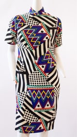 Very Vintage Geometric Modern Qipao Style Short Sleeve Midi-Length Dress Shoulder to Shoulder 15" ,