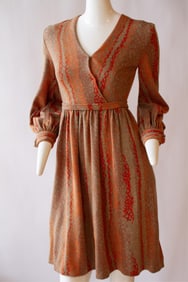 BOB MACKIE, bishop sleeves, midi-length designer couture dress with zipper back, creamsicle orange,