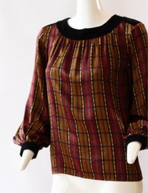 YVES SAINT LAURENT RIVE GAUCHE Vintage Designer Silk Plaid Lamé Vintage Top with Velvet Trim and