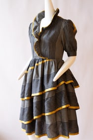 BALENCIAGA, Linen and Silk Three Tier Ruffle Dress with Gold and Black Stripes, circa 1980s Bust 36"