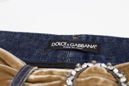 DOLCE and GABBANA Jeans with Gold Tone Metal Logo on Pocket and Velvet and Rhinestone Belt, Vintage