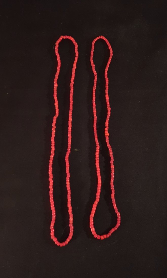 1700-1800's Hudson Bay Antique Native American Trade Beads White Heart Centered Reds Two Strands: These are two old strands of Hudson Bay Trading Company white heart trade bead strands. These are wonderful exotic trade beads from the 1700-1800’s. The beads are called white hearts due to the inte