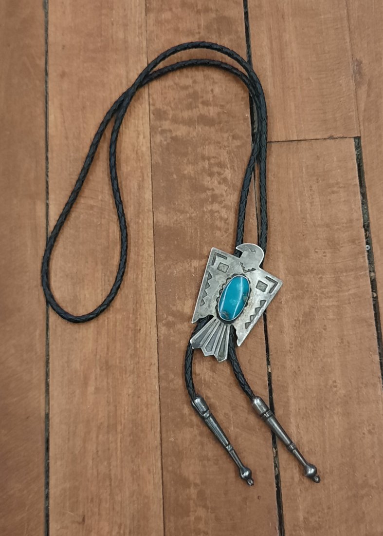 Early 1930's Turquoise Bell Sterling Thunder Bird Navajo Bolo Tie (1 of 11)