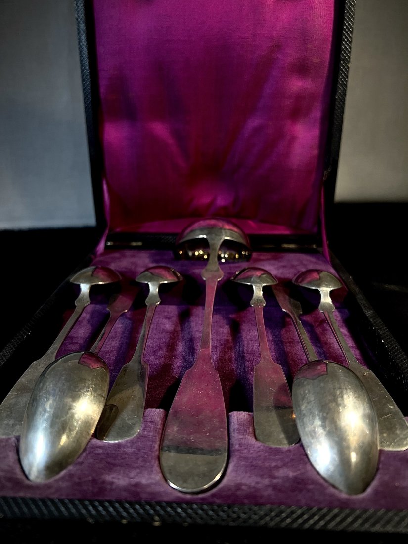19th Century Sterling Silver Silverware Set in Case Dated 1859 Complete 7 piece set (1 of 8)
