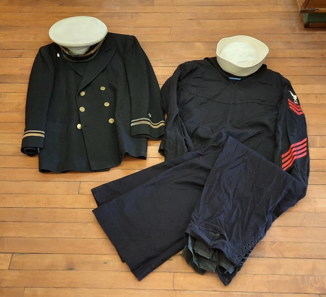 Vintage Officers Navy Jacket/ Sailers Uniform+Pants/ Officers Navy Cap: These uniforms are in good condition They do have some damage due to age but however do not have any rips or tears within the fabric. Both jackets have insignia on them and the uniform has the pants j