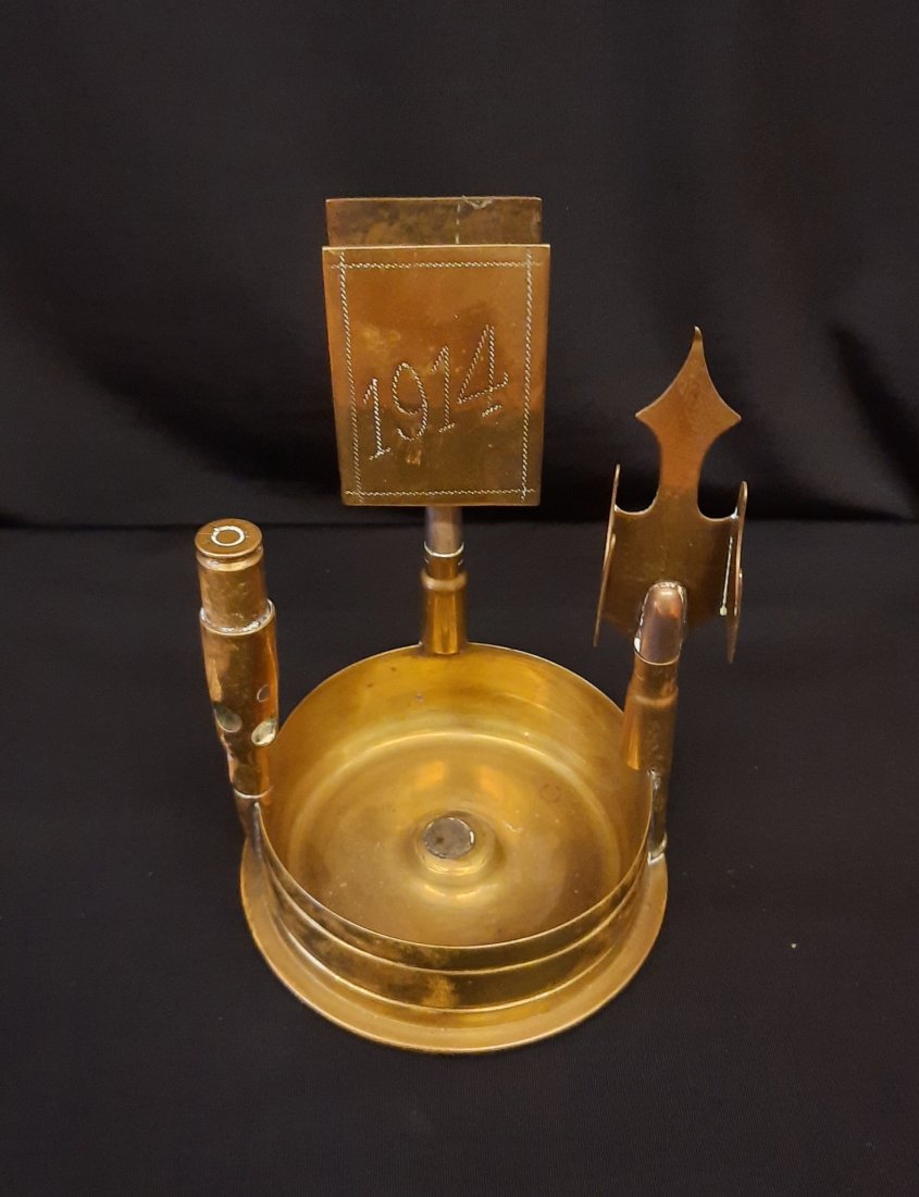 WW1 German Trench Art Shell Ash Tray Match Holder/ Cigarette Cutter/ Engraving of 1918 (1 of 14)