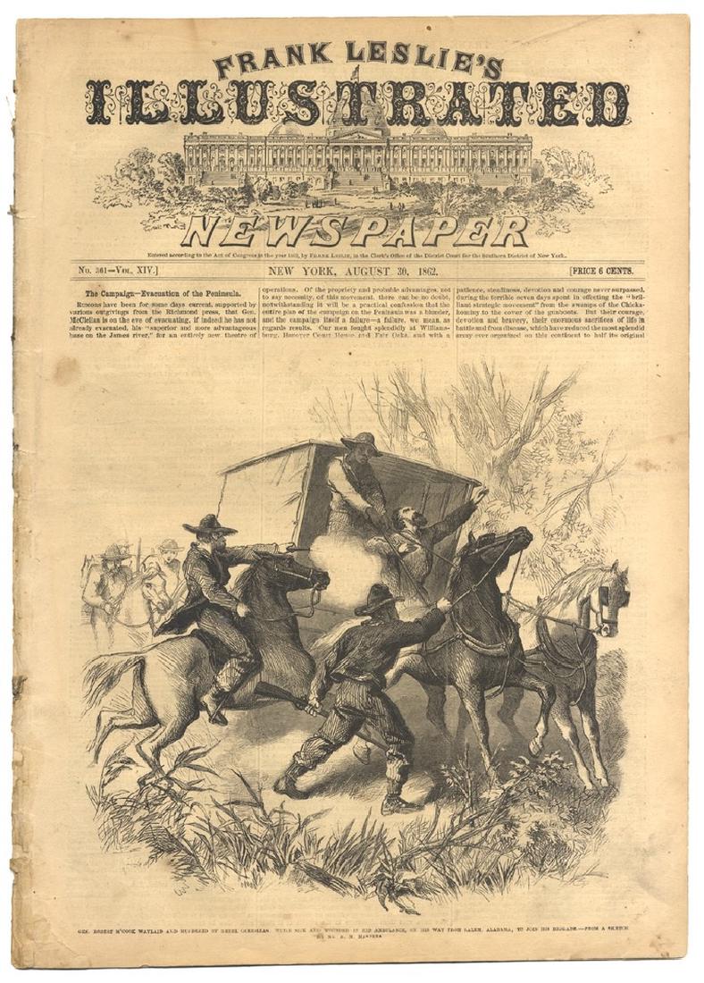 Dress Review of the 1st Regiment South Carolina Negro: A complete and authentic issue of Frank Leslie’s Illustrated, August 30, 1862, 16pp., disbound, near fine. Front page full engraving shows “Gen. Robert M’Cook Murdered By Rebel Guerillas ...”