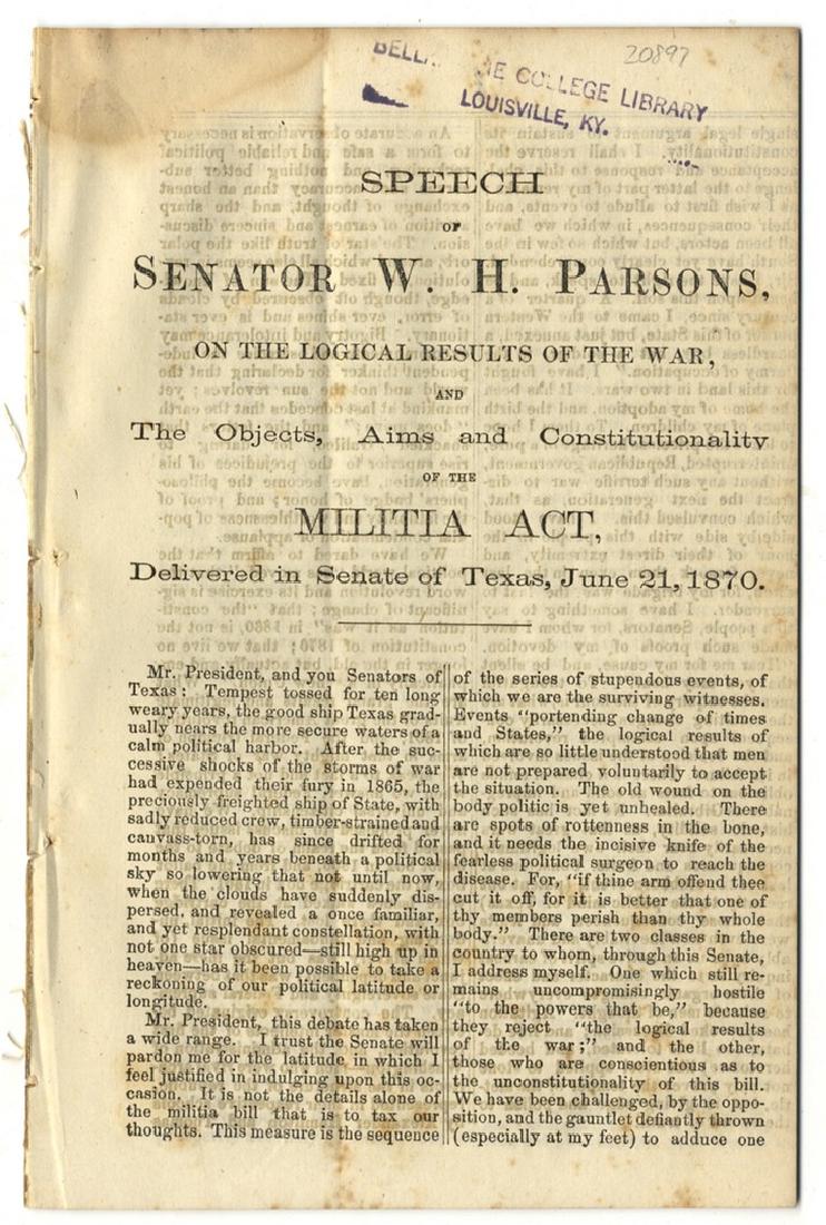A Texas Confederate Colonel Gracefully Accepts The 14th: PARSONS, William Henry (1826-1907), received a commission as a colonel from Texas Governor Edward Clark with authorization to raise a regiment for state service. First known as the Fourth Regiment Tex