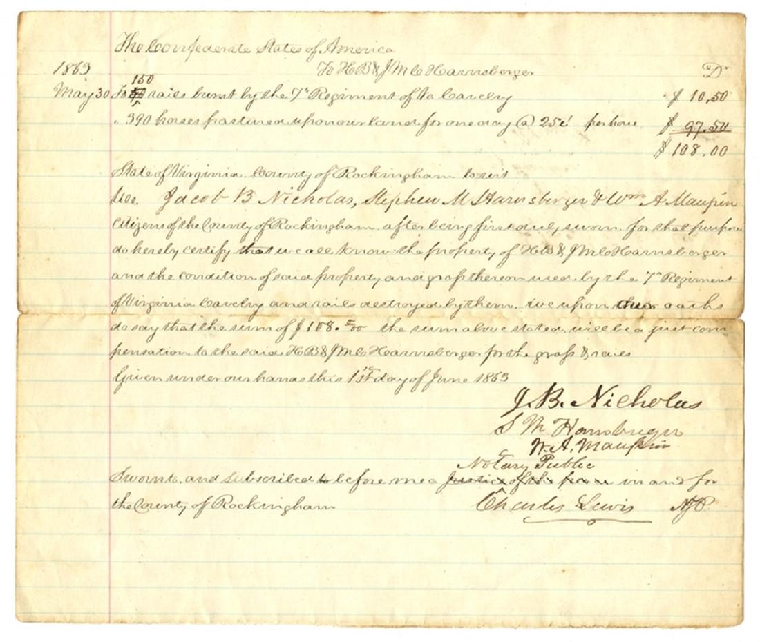 Turner Ashby's Cavalry Gets Assessed For Land Damages: A rare war-date Confederate notary public compensation claim brought by the Harrisberger farm of Rockingham Co., Virginia for damages caused by the 7th Virginia Cavalry (Col. Turner Ashby's old comman