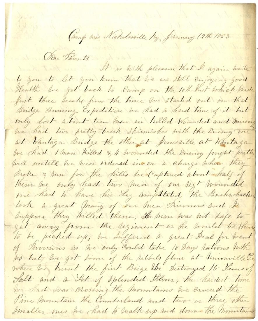 One had to have his leg amputated….the Bushwackers took: Excellent content 2pp. letter, Camp near Nicholasville, KY, January 12, 1863. Written by Isaac D. Landis, 9th Pennsylvania Calvary (92nd Volunteers) to his parents. Landis served with the 9th Penn. Ca