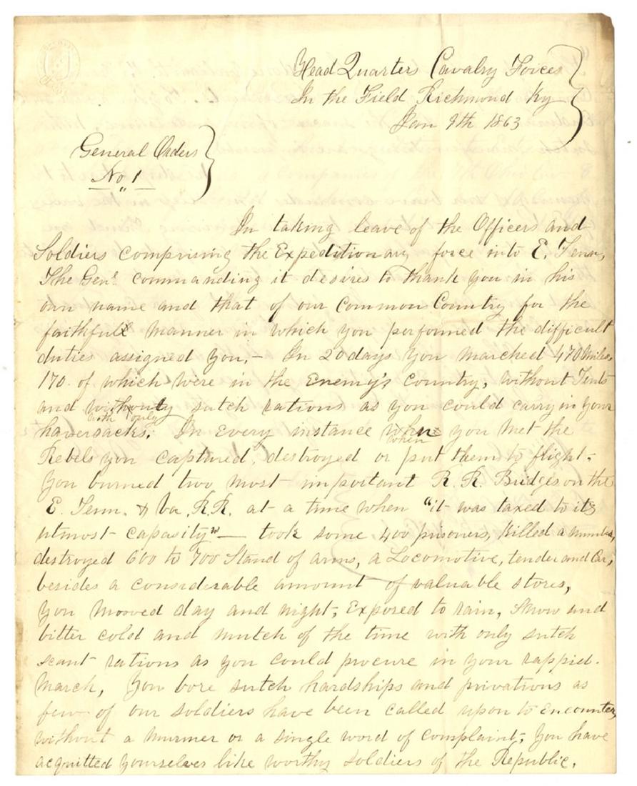 Congratulatory Letter From General Samuel Carter: Congratulatory letter, titled "General Orders No. 1", from Brigadier General Samuel Carter, Headquarters Calvary Forces, In the field Richmond, KY, January 9, 1863, 2pp. The order, being a copy and in