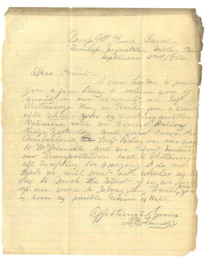 We Left Chattanooga Tenn. On Tuesday For a Scout after: Letter written by Isaac D. Landis of the 9th Pennsylvania Calvary, 1pp., Camp 9th Penna Calvary, Dunlap Sequatchie Valley, Tenn., September 3, 1864, to his parents. The letter, written three days befo