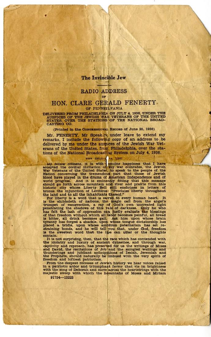 Honoring The Jewish Americans - 1936: Imprint, 4pp., 5-1/2” x 8,” “"The Invincible Jew, Radio Address of Hon. Clare Gerald Fenerty,” July 4, 1936, US Printing Office. minor edge tears, old folds. The congressman provides a histori