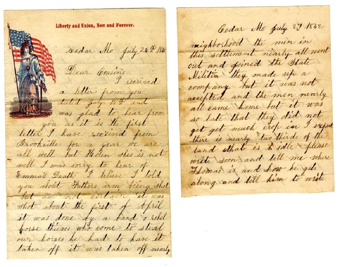 Rebel Guerrillas Attack Missouri Unionists-Amputation: A rare war-date Missourian's letter, 7pp. first sheet 8vo. on patriotic "LIberty and Union" stationery, second sheet plain paper slightly smaller than 8vo., written by a certain Henry Roberts, Cedar,