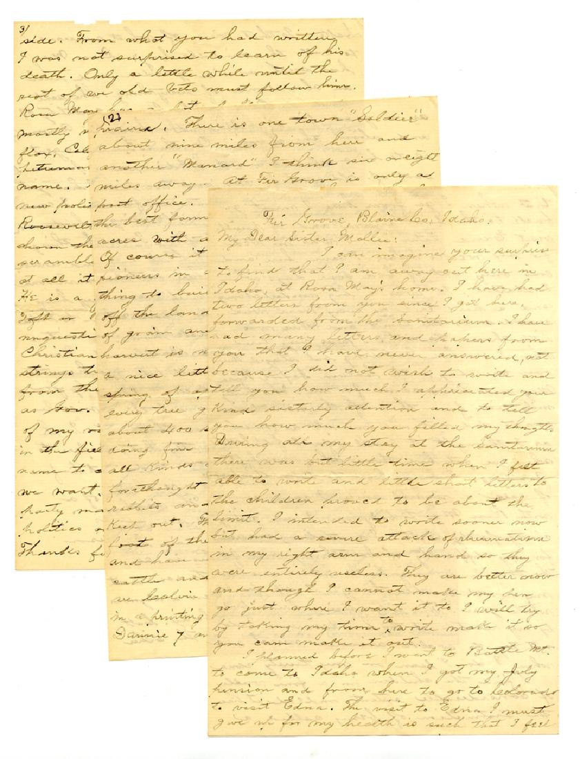 A Civil War Veteran Is For Woodrow Wilson: Union Civil War veteran's letter, 6pp. 8vo., written by Charles "Addison" Hosford, Fir Grove, Blaine Co., Idaho, to his sister, Mollie, describing his recent stay in a sanitarium and his subsequent jo