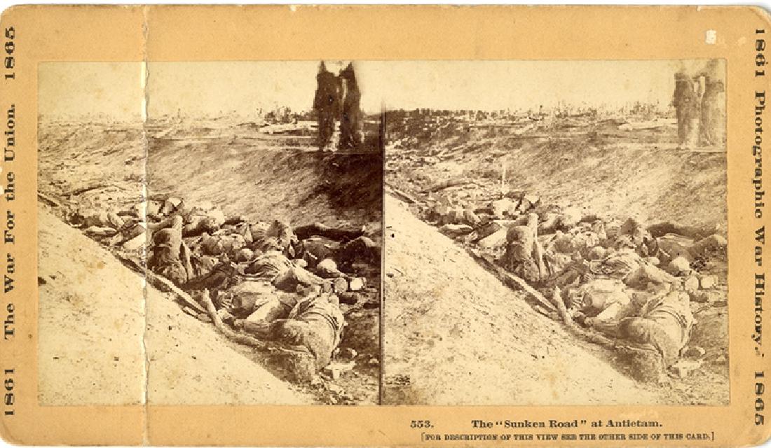 Antietam Confederate Dead: Stereoview, “The ‘Sunken Road’ at Antietam” by Alexander Gardner. showing dead Confederate soldiers in ditch on the battlefield at Antietam, Md. published by The War Photograph & Exhibition Co
