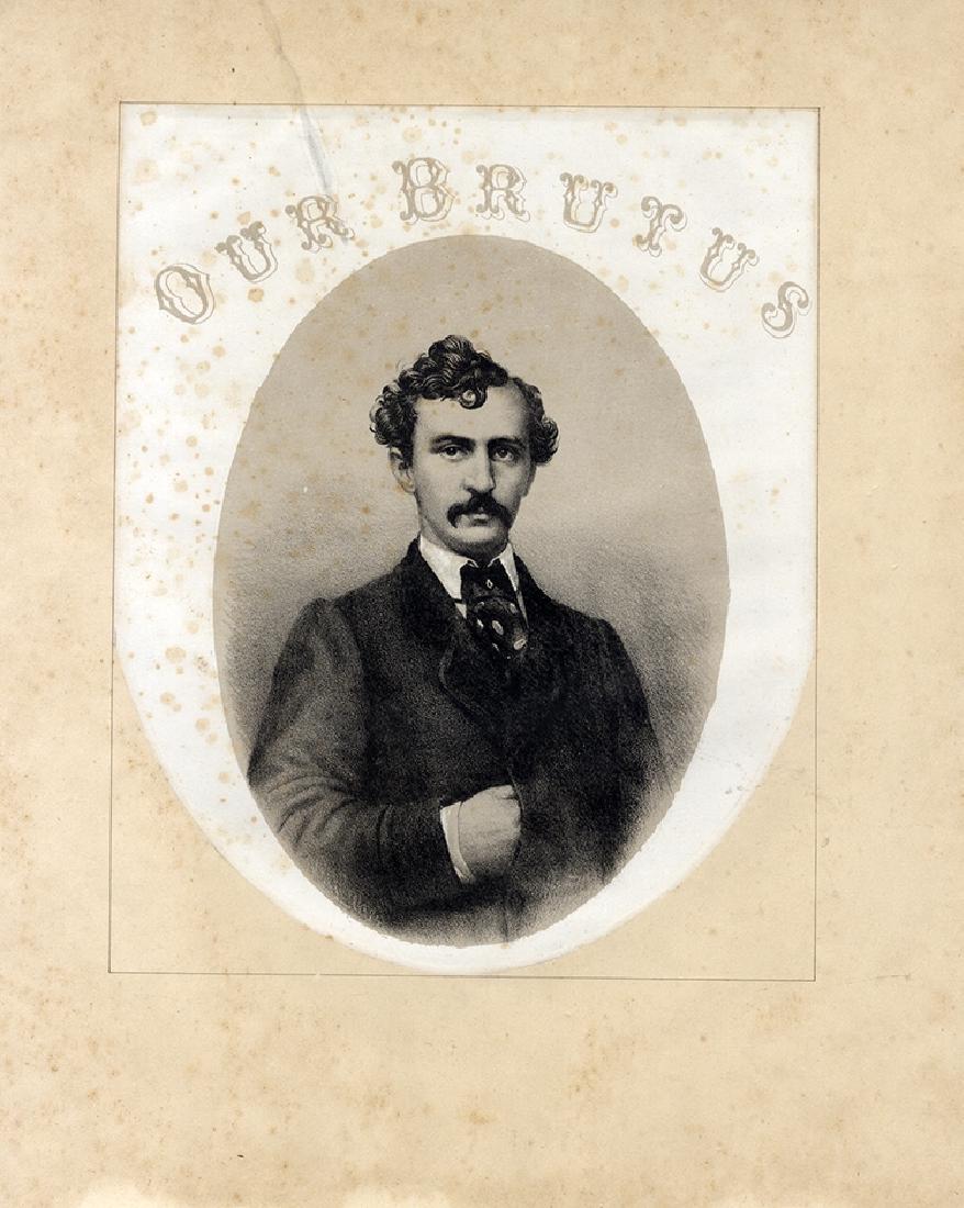 Lionizing the Assassin John Wilkes Booth In Music: An Extraordinary Rare Image Of John Wilkes Booth, 7-1/4” x 9”, titled “OUR BRUTUS” mounted to card stock. This image was cut from the cover of an 1868 music sheet which was supportive the Boot