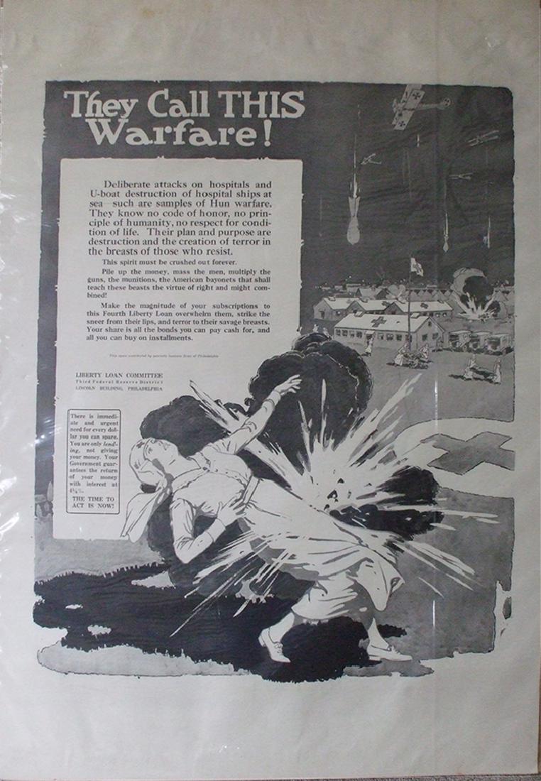 Stark WWII Poster: Poster, “They Call This Warfare! poster 21” x 25" x 21", printed by the Liberty Loan Committee. One of the pantheon of black and white propaganda posters printed by the Liberty Loan Committee. Thi